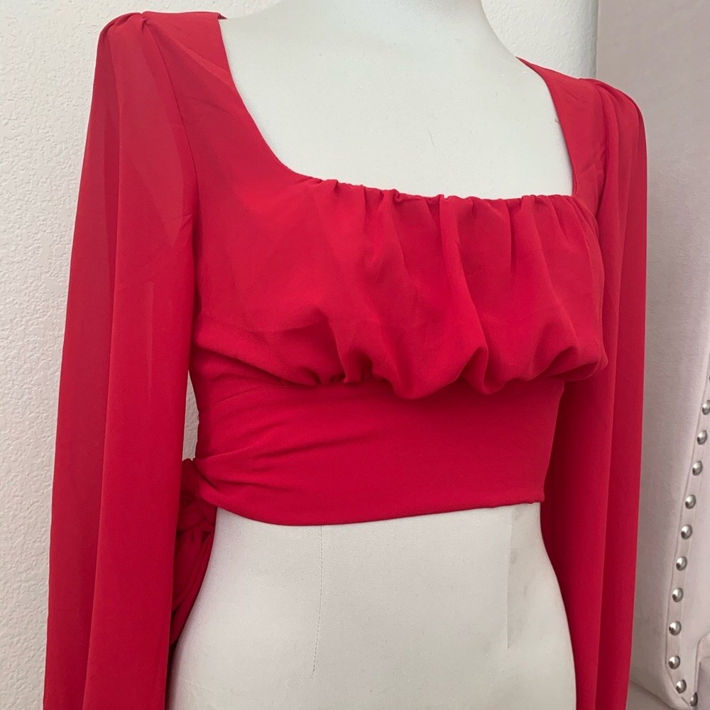 Wrap chiffon sleeve Red long sleeve Crop Top